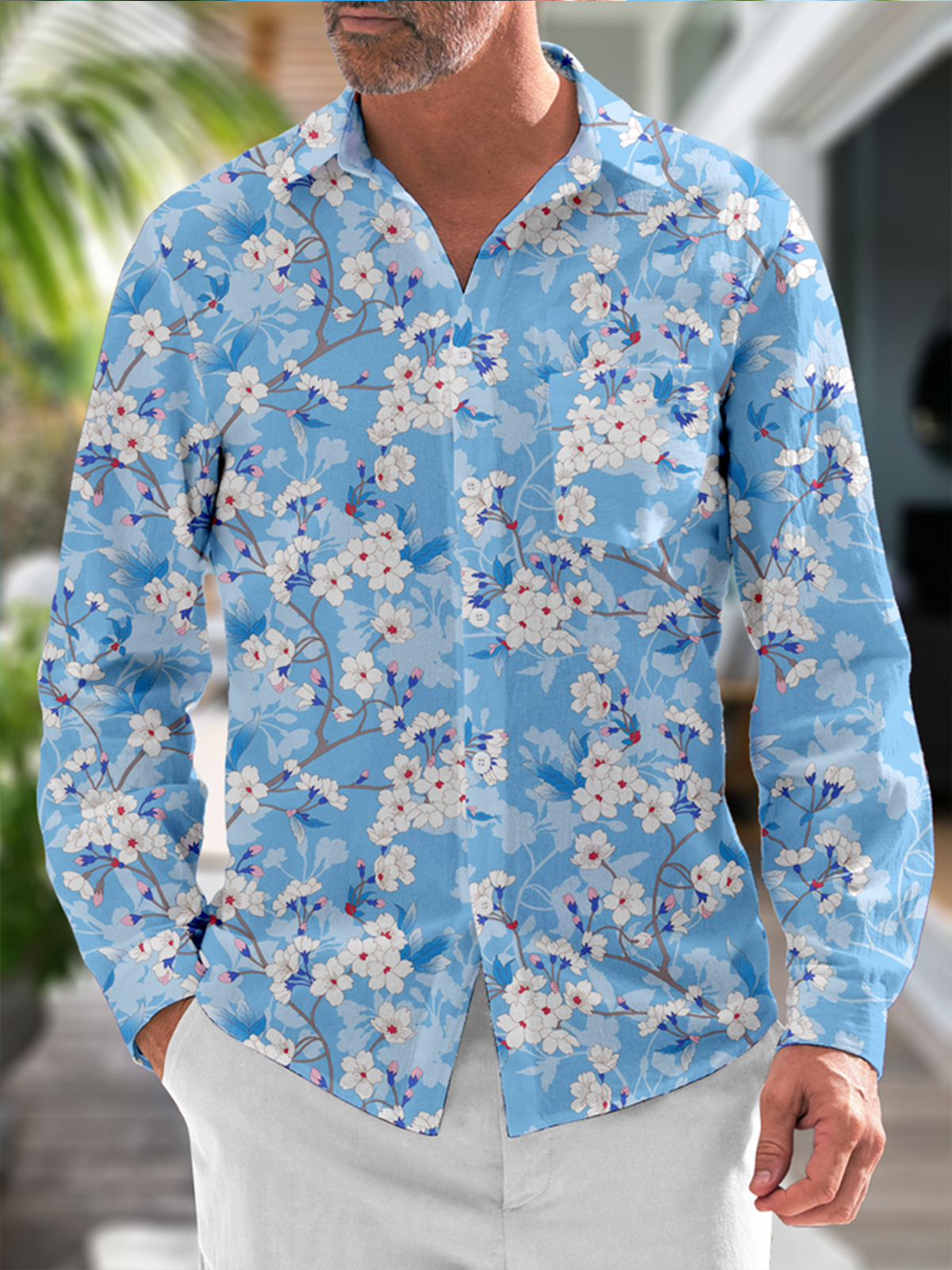 Hardaddy Japanese Sakura Chest Pocket Long Sleeve Shirt