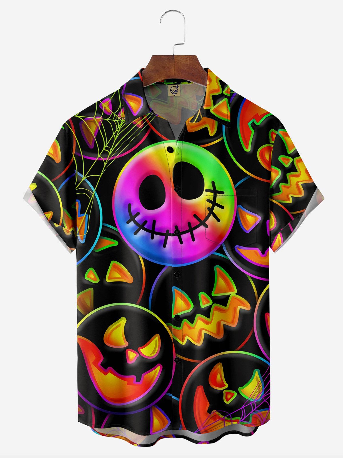 Halloween Smiling Pumpkin Chest Pocket Short Sleeve Holiday Shirt