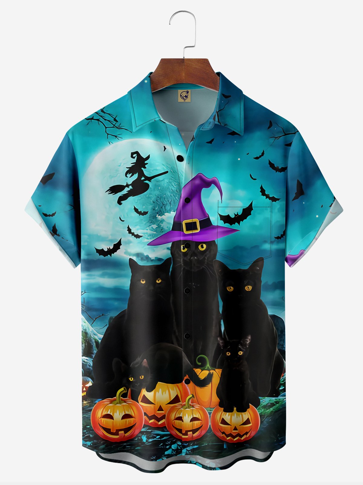 Halloween Black Cat Chest Pocket Short Sleeve Casual Shirt