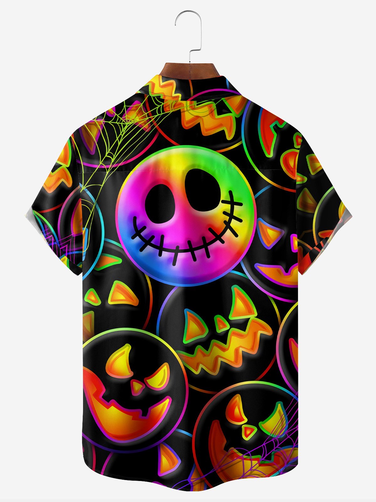 Halloween Smiling Pumpkin Chest Pocket Short Sleeve Holiday Shirt