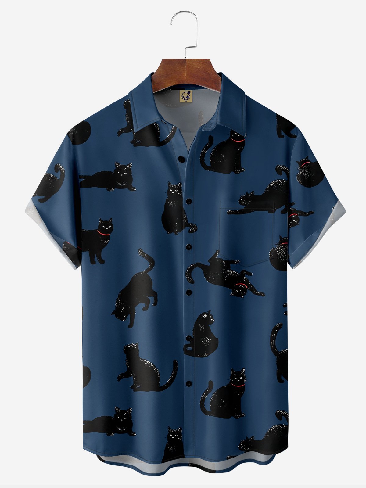 Christmas Cat Chest Pocket Short Sleeve Casual Shirt