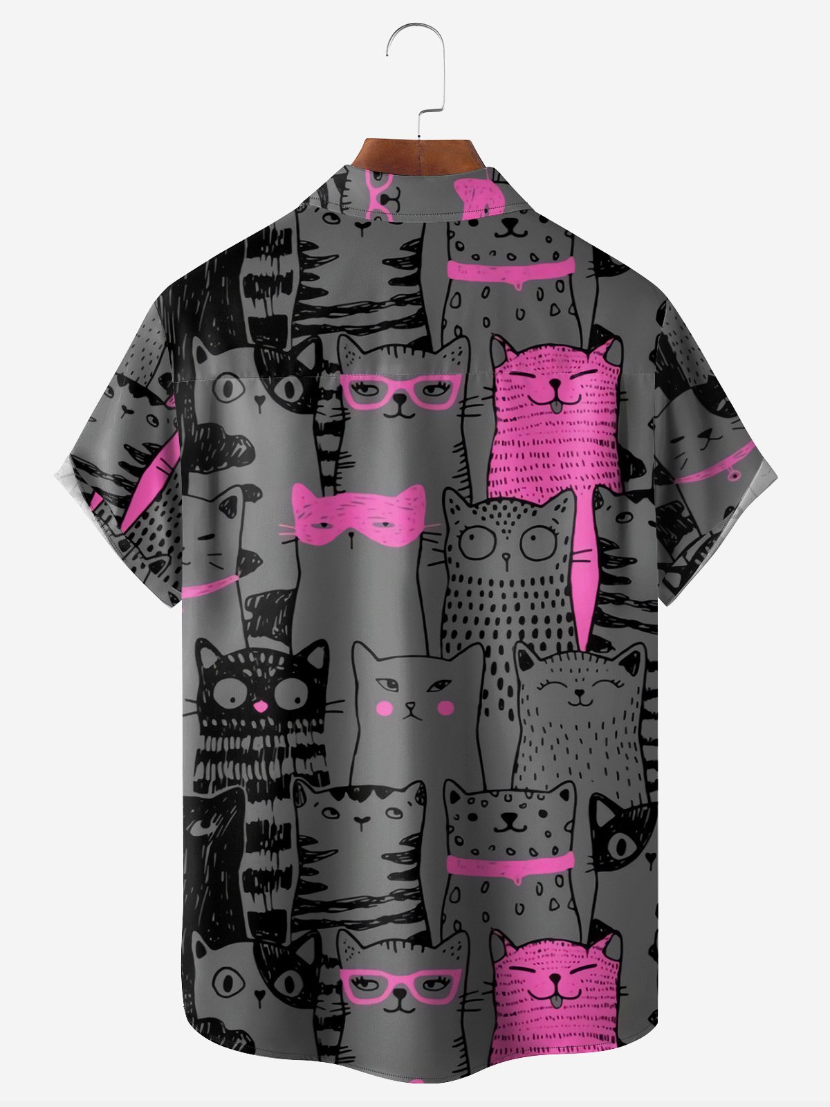 Pink Cat Chest Pocket Short Sleeve Casual Shirt