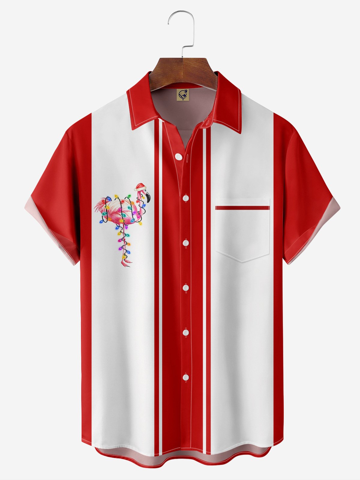 Christmas Flamingo Chest Pocket Short Sleeve Bowling Shirt