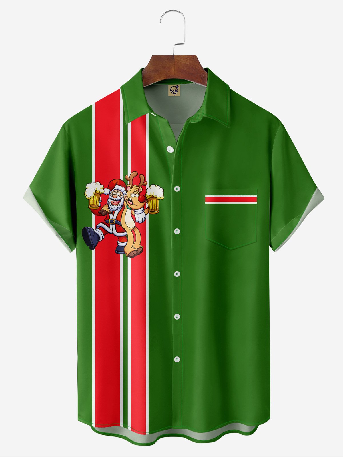 Santa Elk Chest Pocket Short Sleeve Bowling Shirt