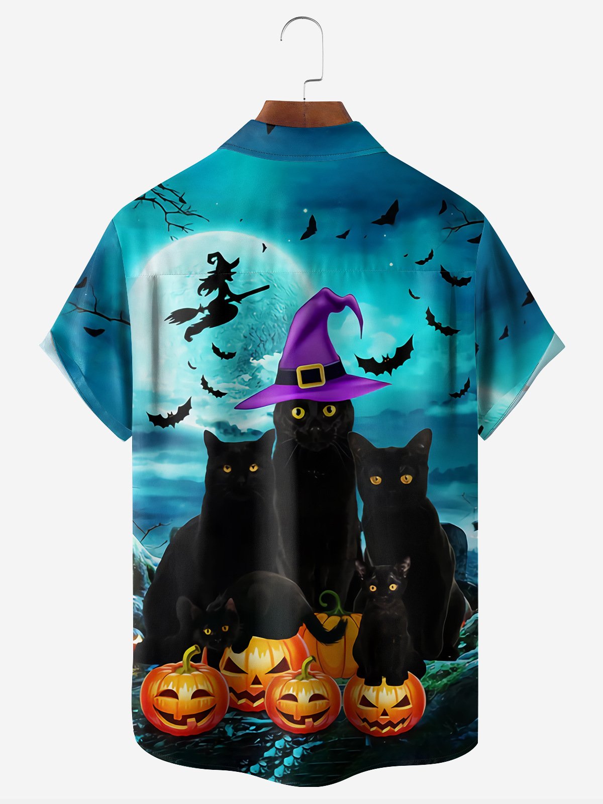 Halloween Black Cat Chest Pocket Short Sleeve Casual Shirt