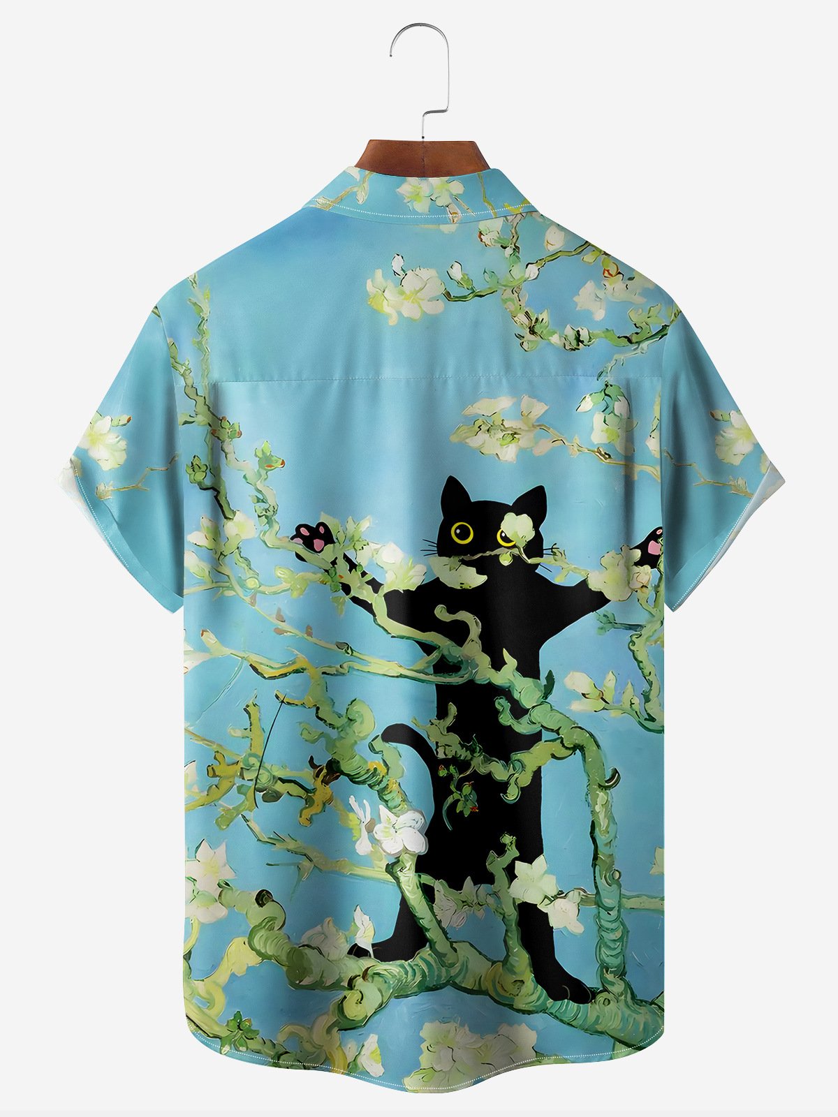 Apricot Blossom Black Cat Chest Pocket Short Sleeve Casual Shirt