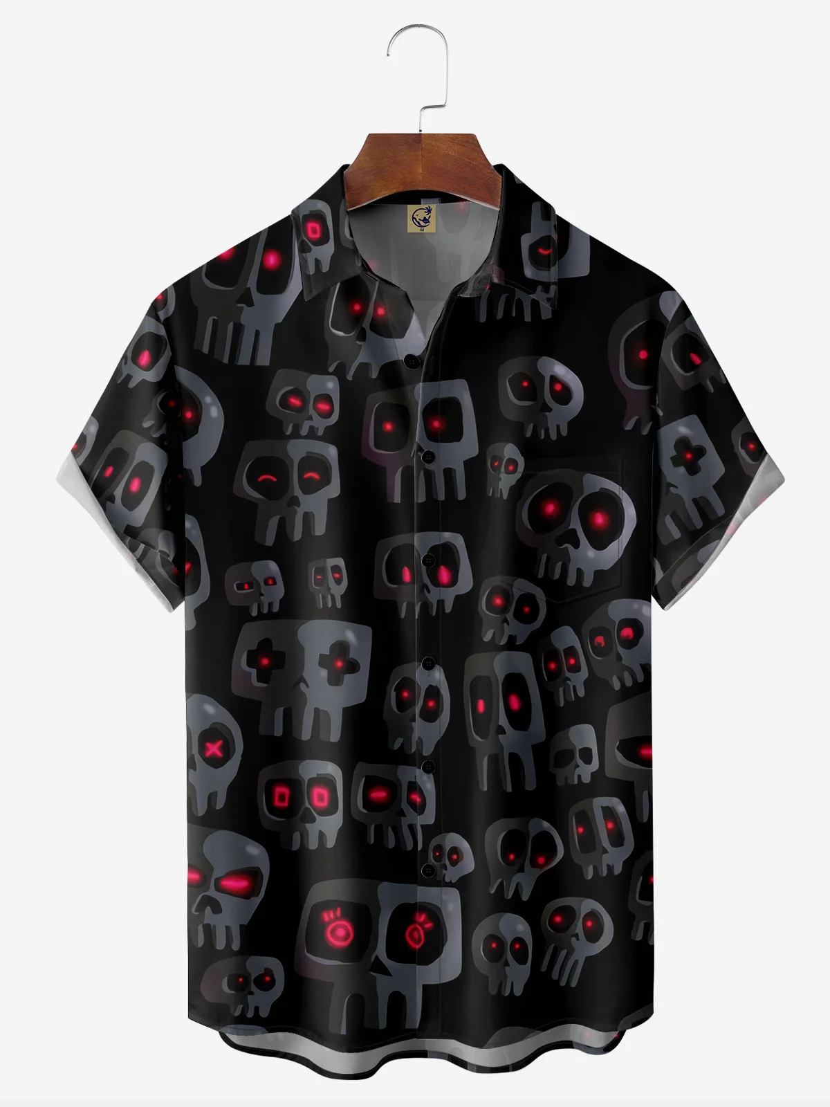 Cartoon Skull Chest Pocket Short Sleeve Casual Shirt