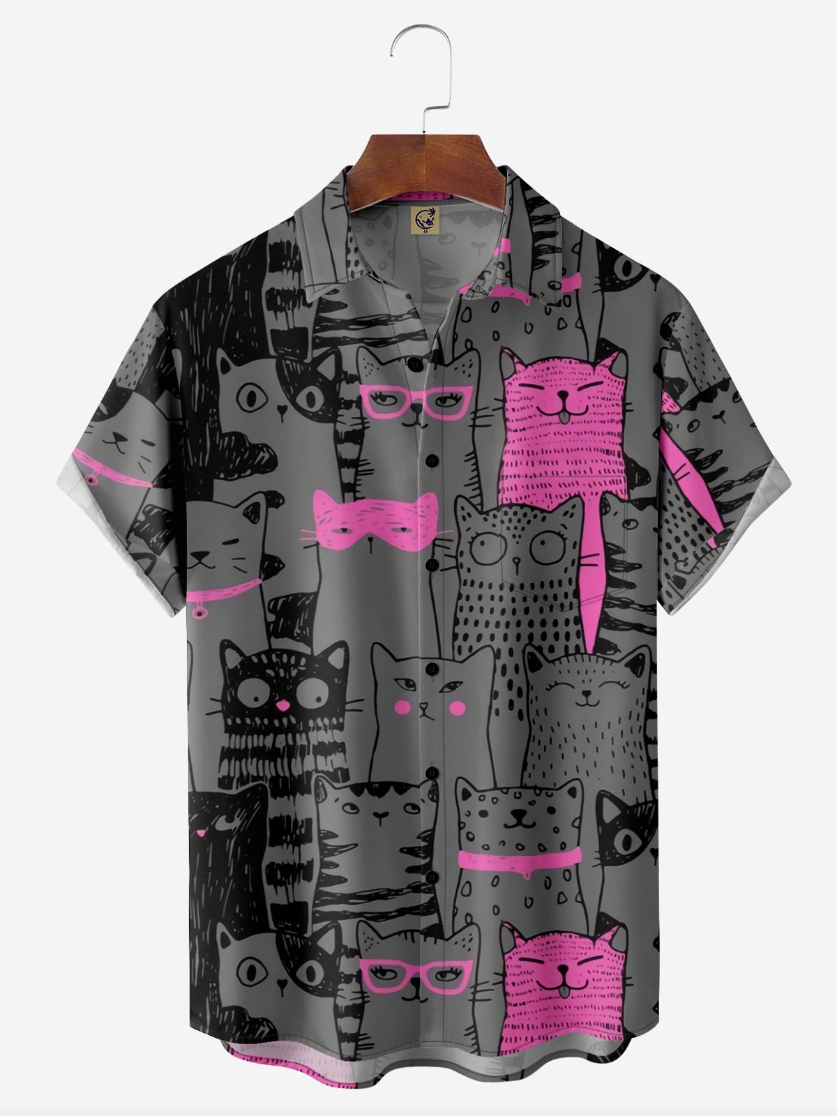 Pink Cat Chest Pocket Short Sleeve Casual Shirt