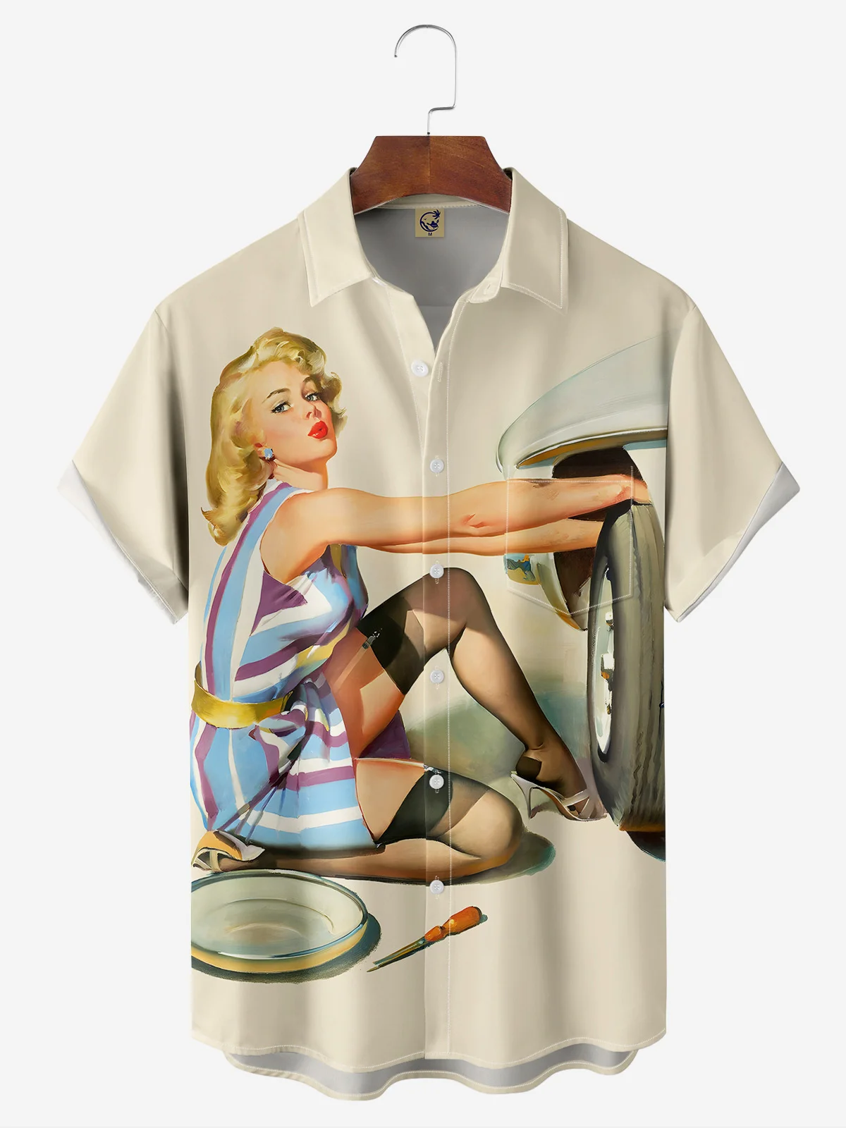 Retro Girl Poster Chest Pocket Short Sleeve Casual Shirt