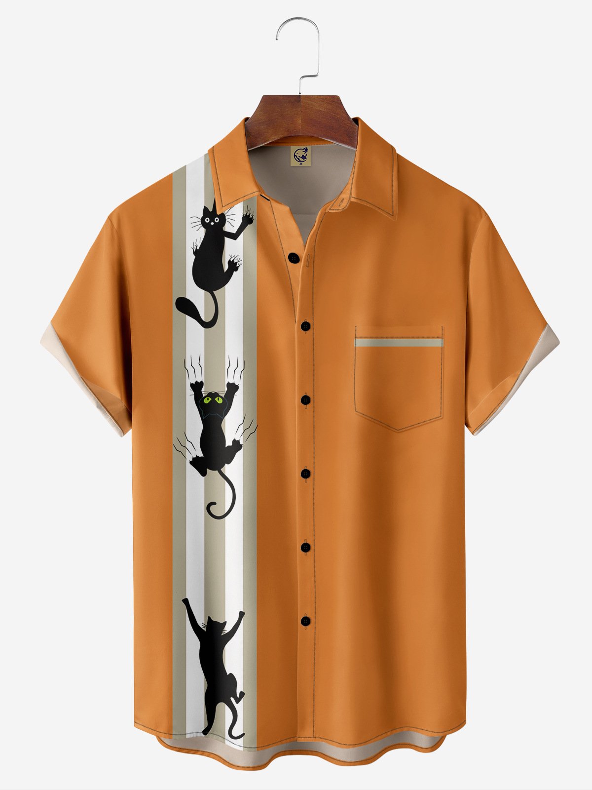 Halloween Cat Chest Pocket Short Sleeve Bowling Shirt