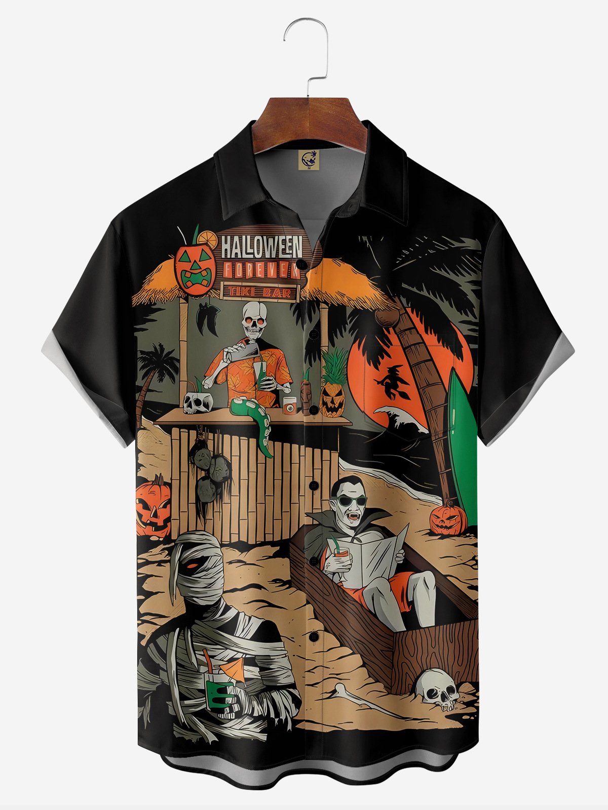 Halloween Beach Bar Chest Pocket Short Sleeve Casual Shirt