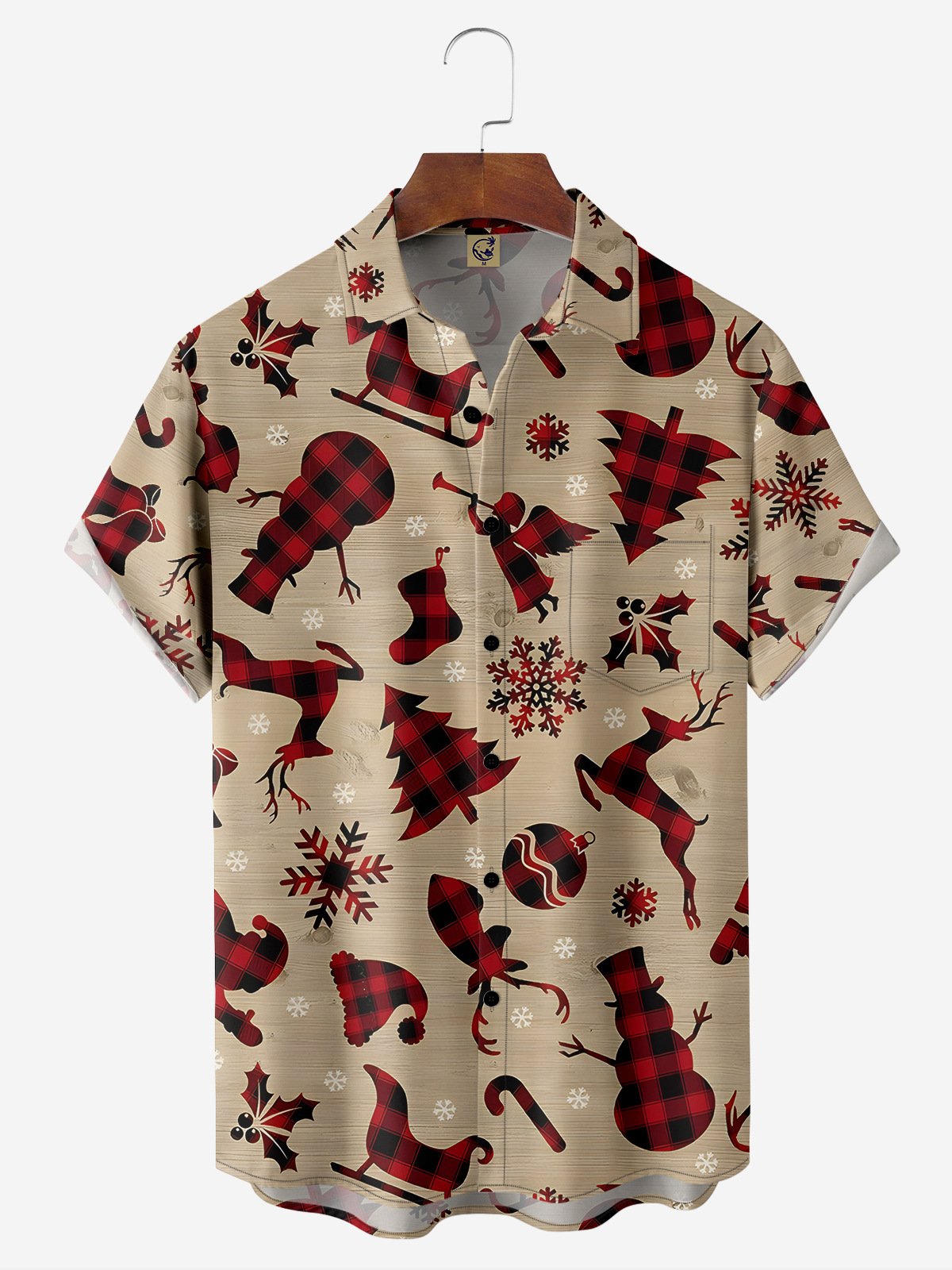 Christmas Reindeer Chest Pocket Short Sleeve Shirt