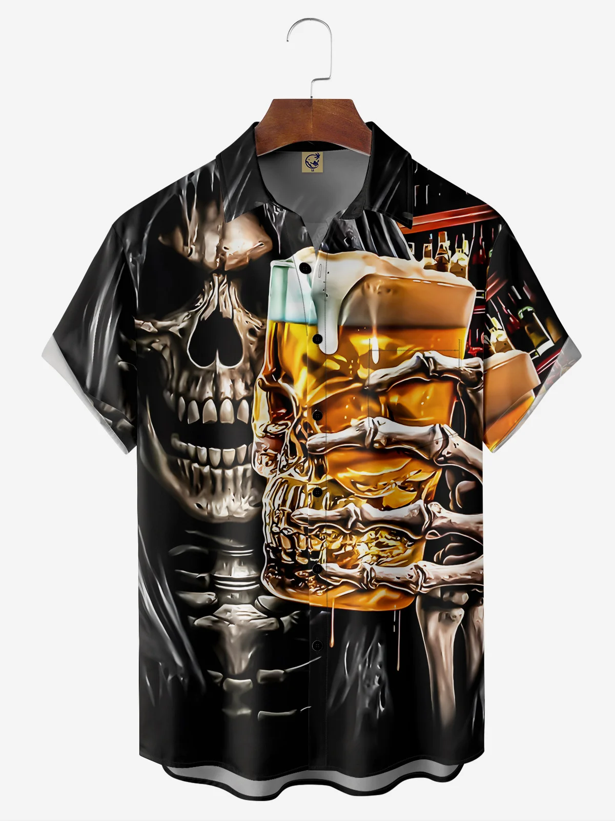 Skeleton Drinking Beer Chest Pocket Short Sleeve Casual Shirt