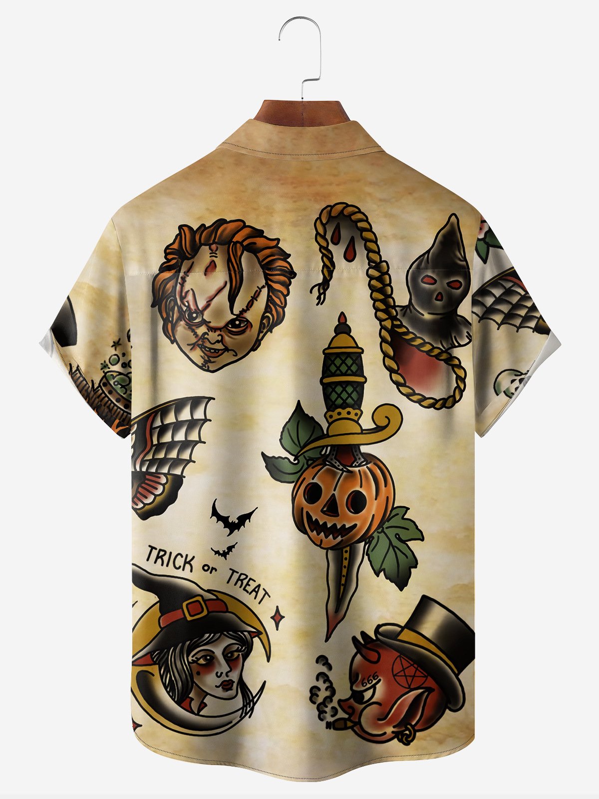 Halloween Tattoo Sticker Chest Pocket Short Sleeve Casual Shirt