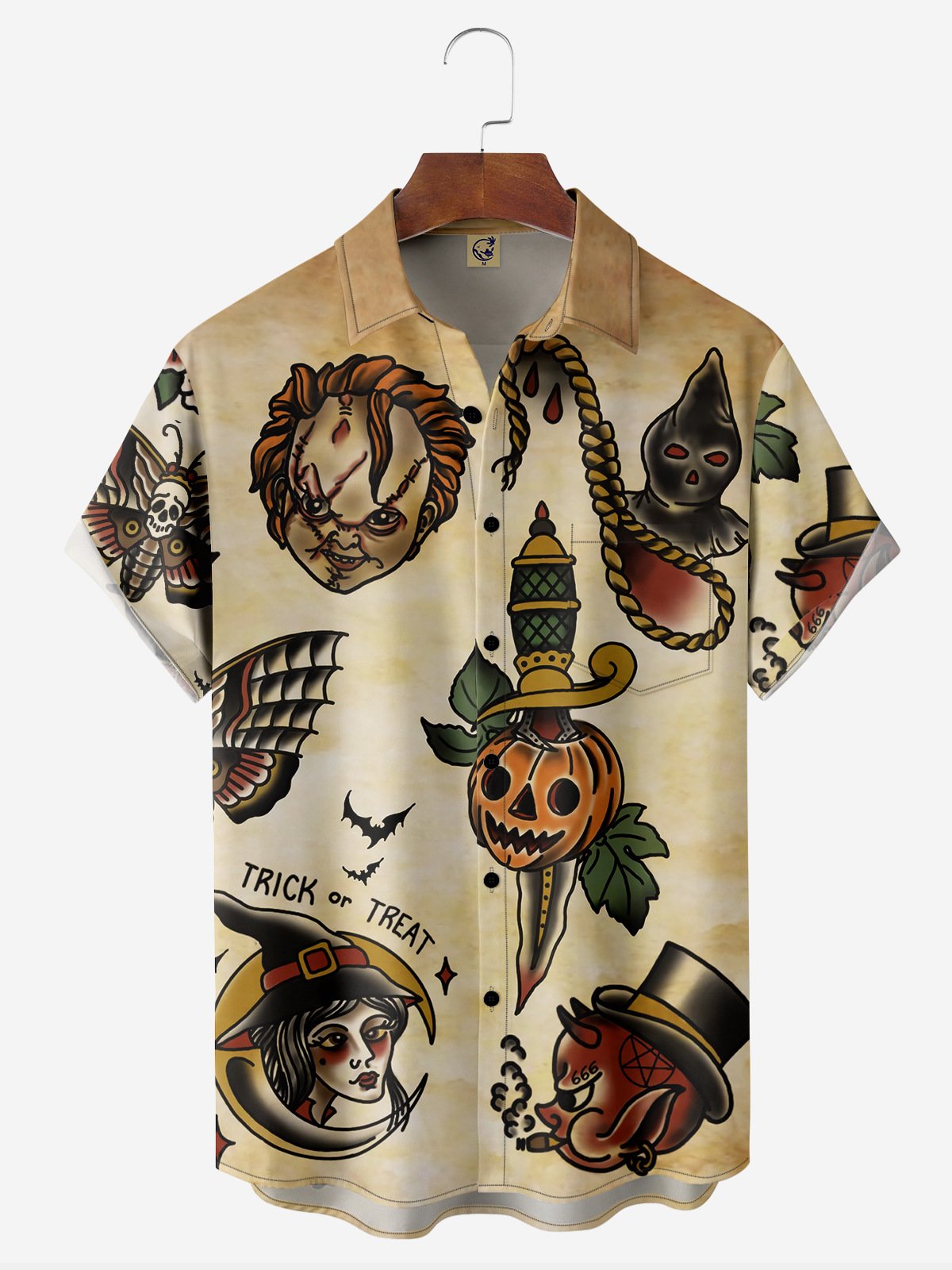 Halloween Tattoo Sticker Chest Pocket Short Sleeve Casual Shirt