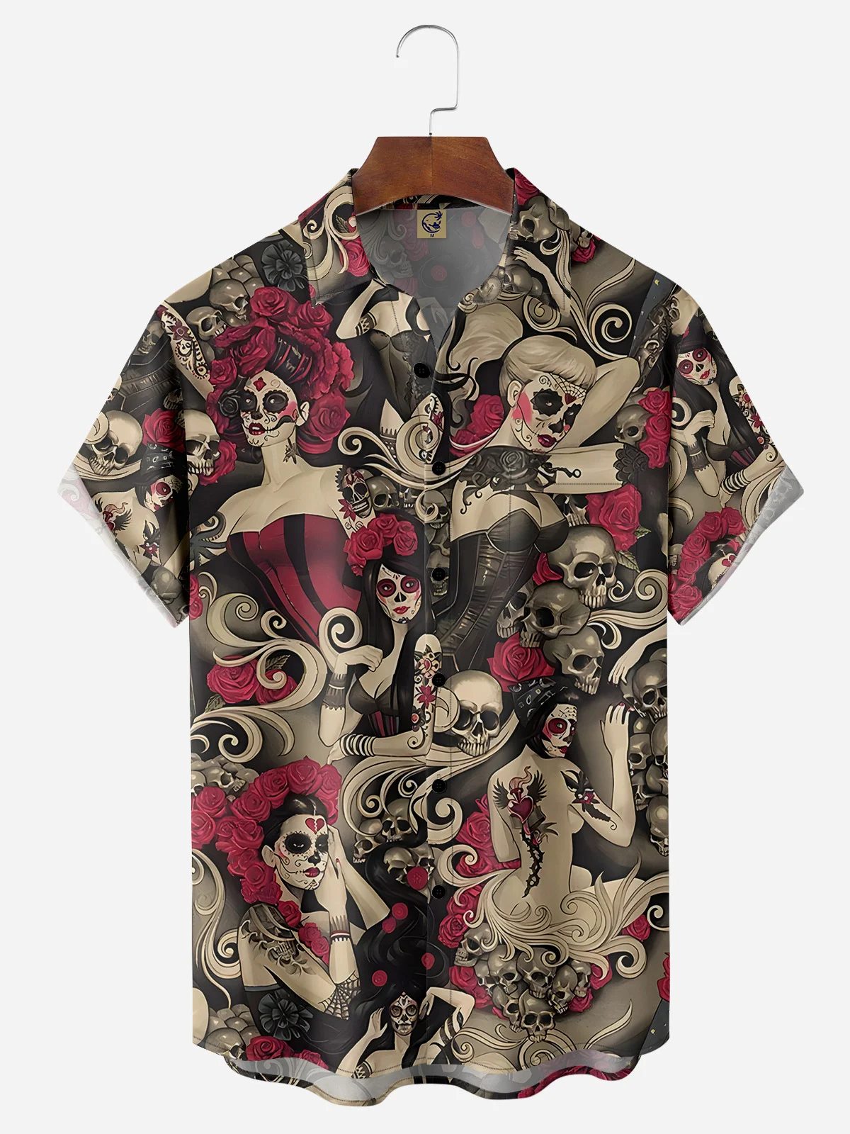 Day of the Dead Skull Girls Chest Pocket Short Sleeve Casual Shirt