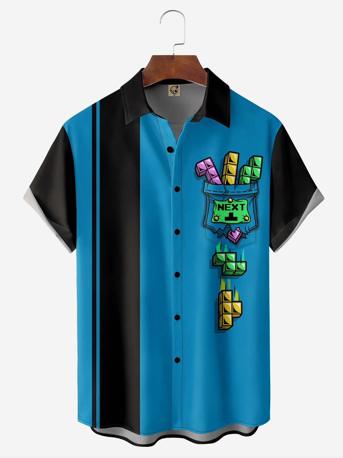 Fun and Creative Chest Pocket Short Sleeve Bowling Shirt