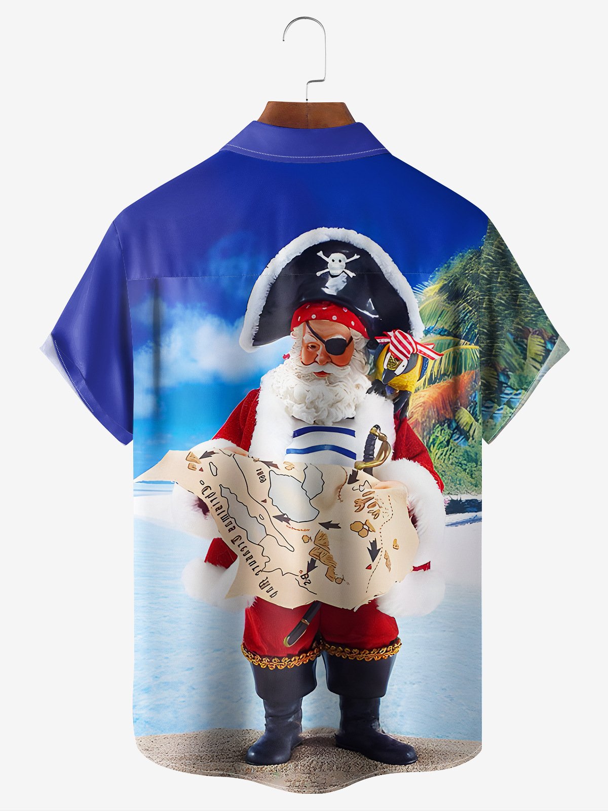 Christmas Pirate Santa Claus Chest Pocket Short Sleeve Casual Shirt