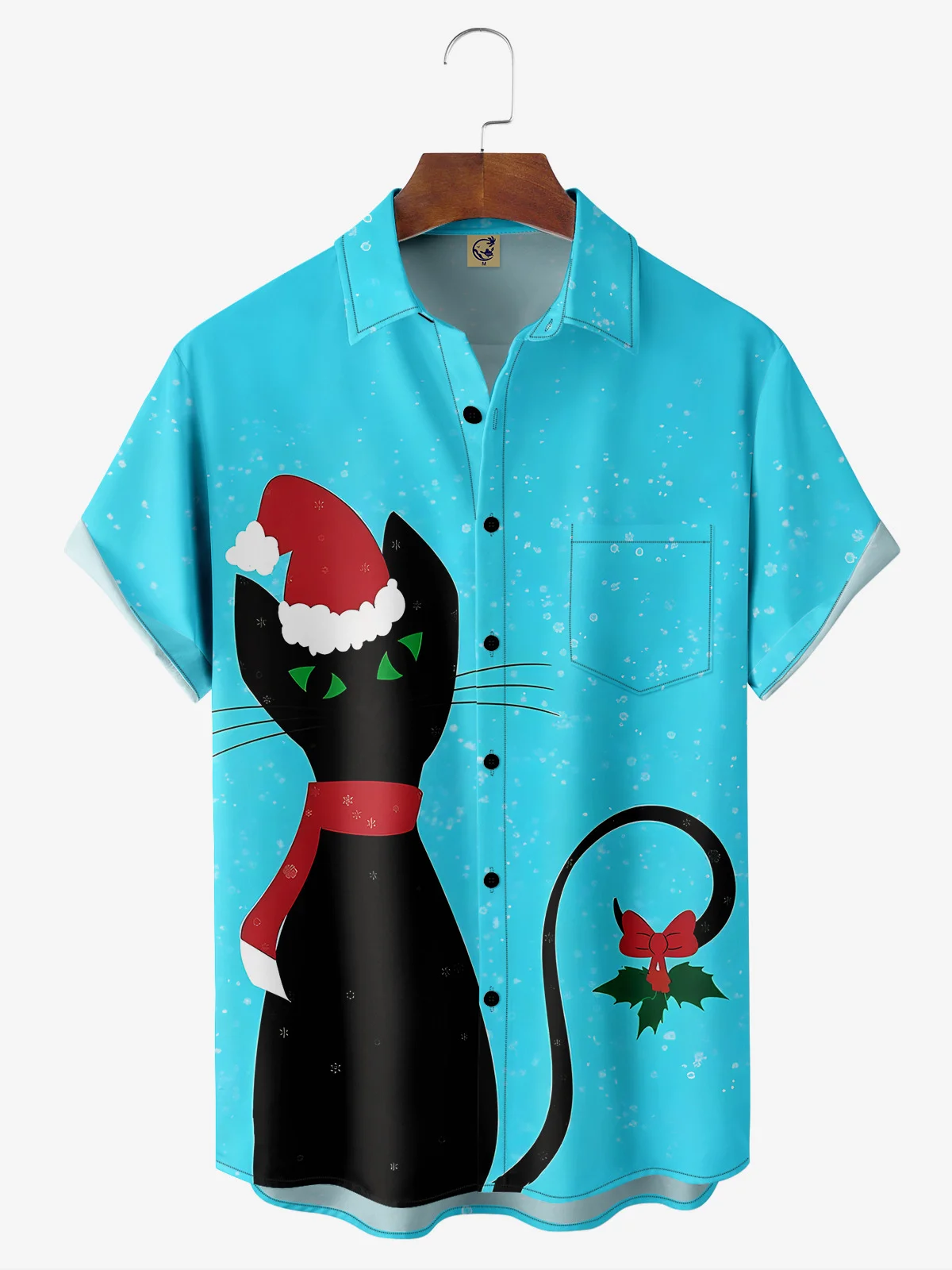 Christmas Cat Chest Pocket Short Sleeve Casual Shirt