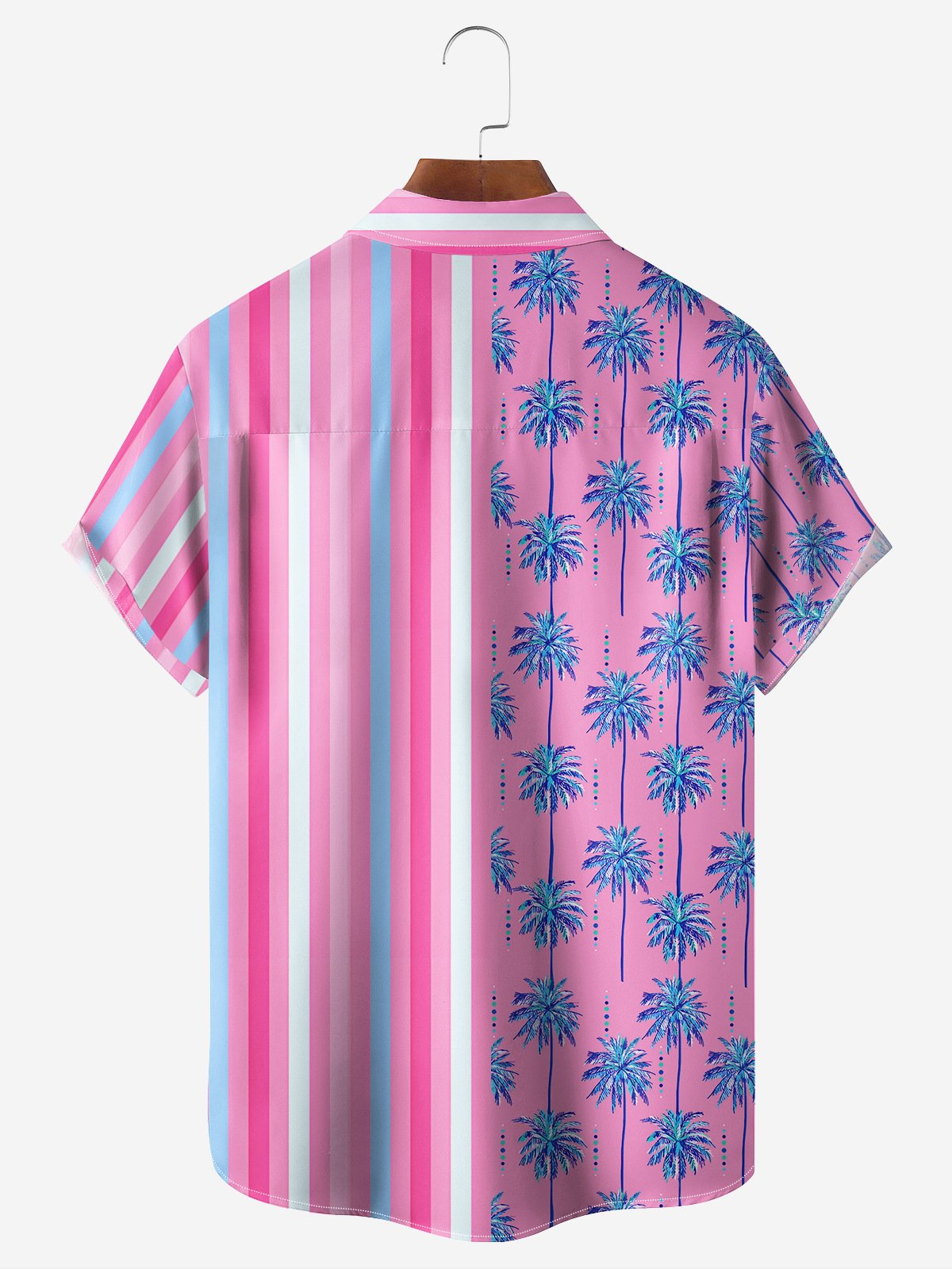 Pink Striped Palm Chest Pocket Short Sleeve Hawaiian Shirt