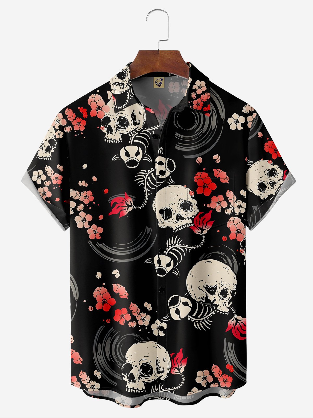 Ukiyo-e Skull Chest Pocket Short Sleeve Casual Shirt