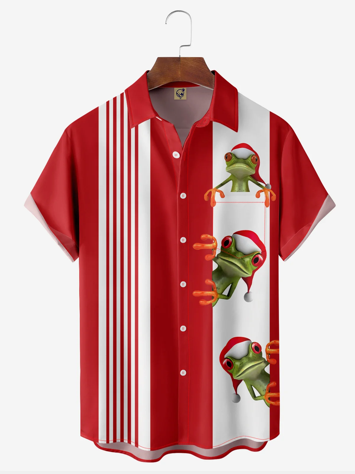 Christmas Frog Chest Pocket Short Sleeve Bowling Shirt