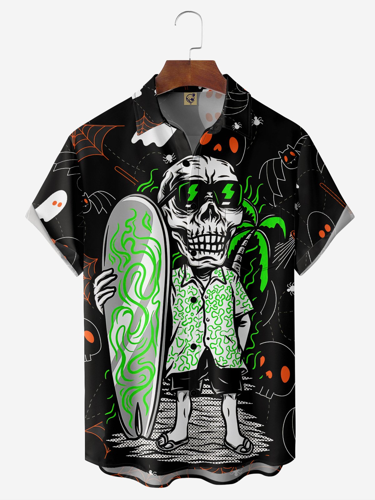 Beach Skull Chest Pocket Short Sleeve Hawaiian Shirt