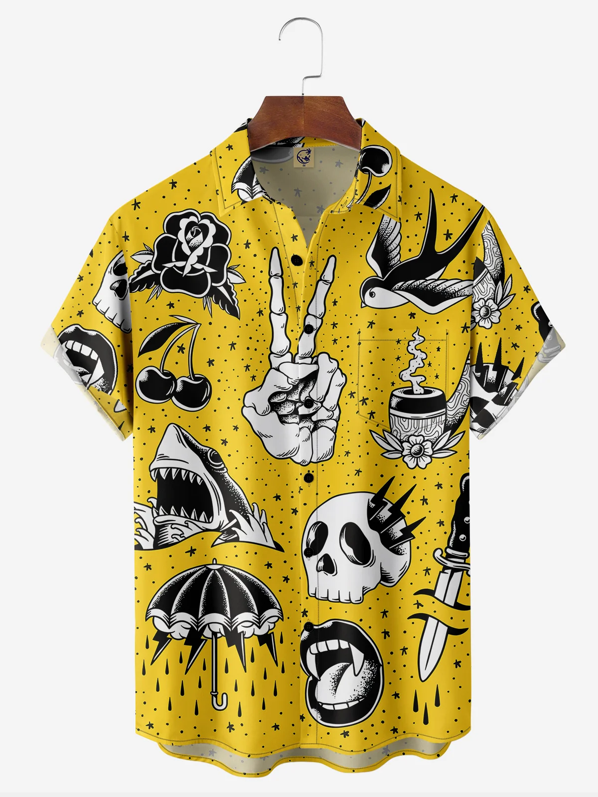 Shark Tattoo Sticker Chest Pocket Short Sleeve Hawaiian Shirt