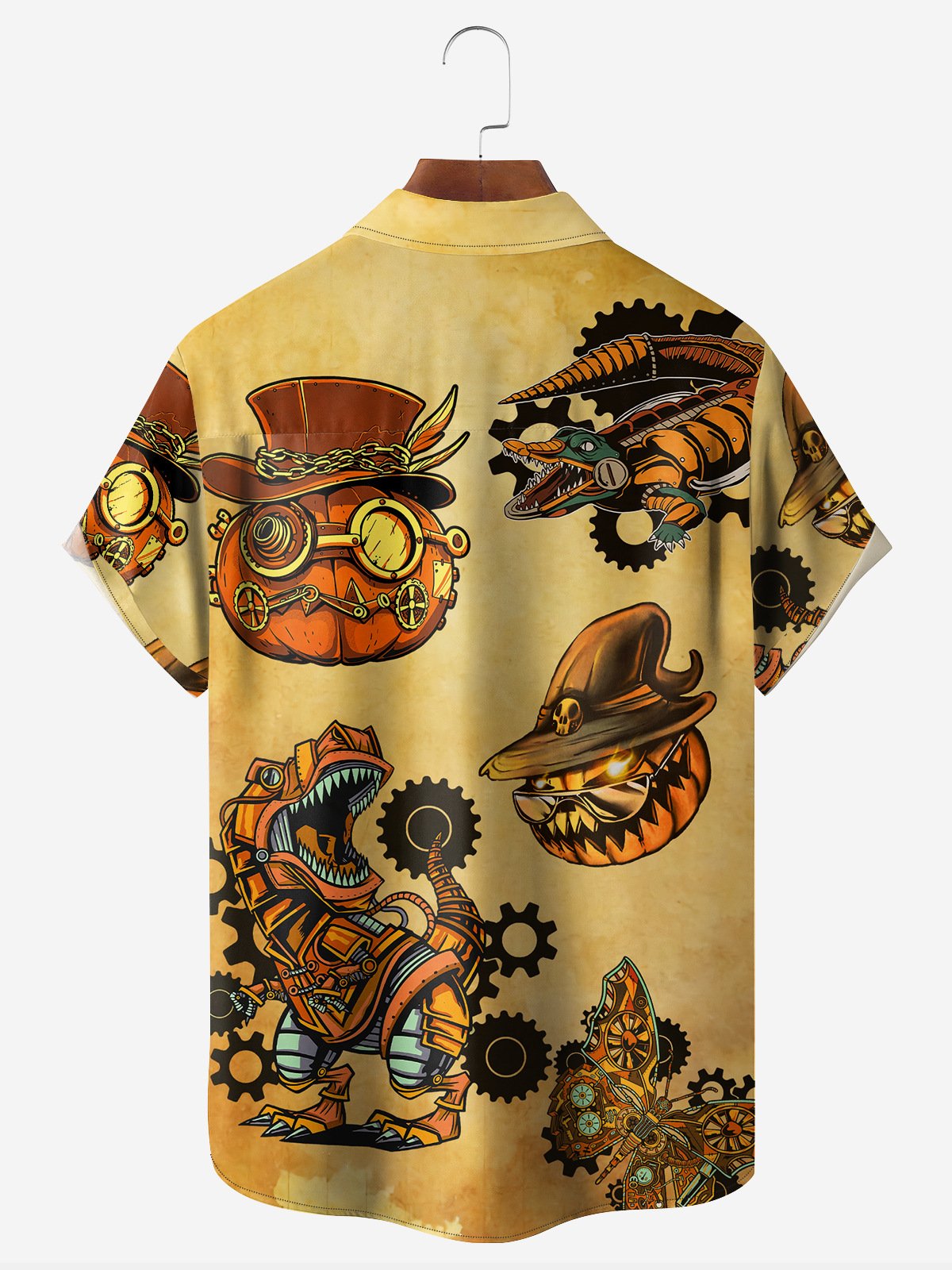 Halloween Pumpkin Dinosaur Chest Pocket Short Sleeve Hawaiian Shirt