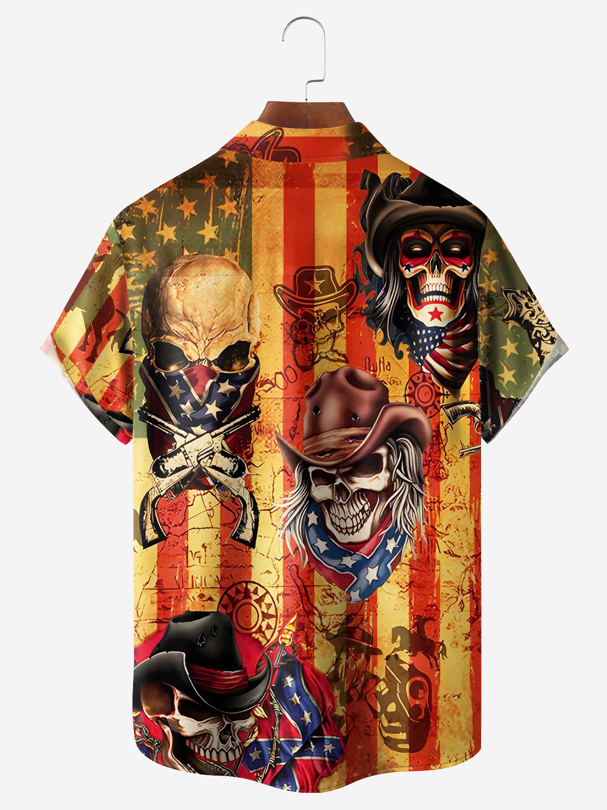 American Flag Skull Chest Pocket Short Sleeve Hawaiian Shirt