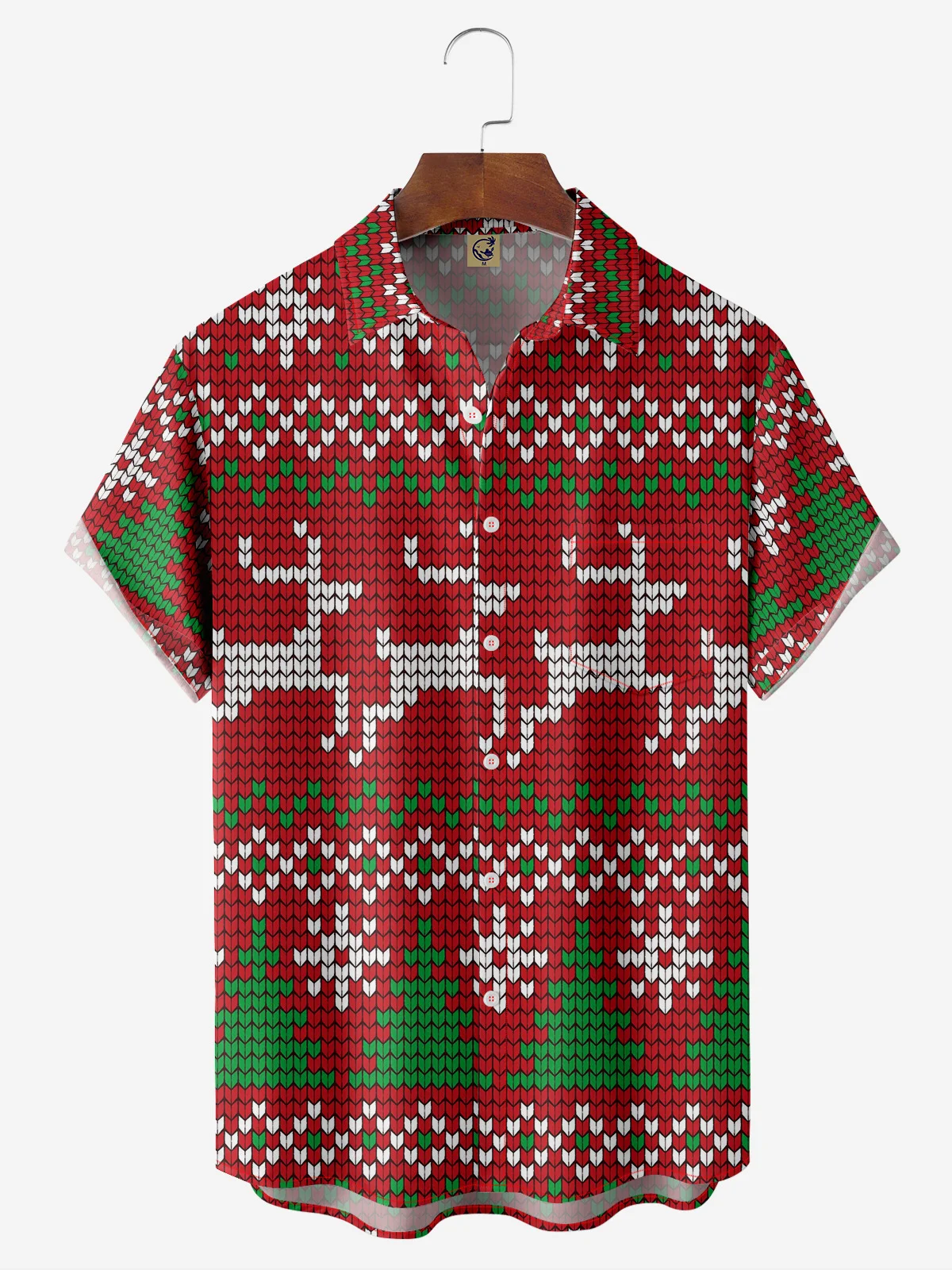 Christmas Knit Textured Christmas Deer Chest Pocket Short Sleeve Casual Shirt