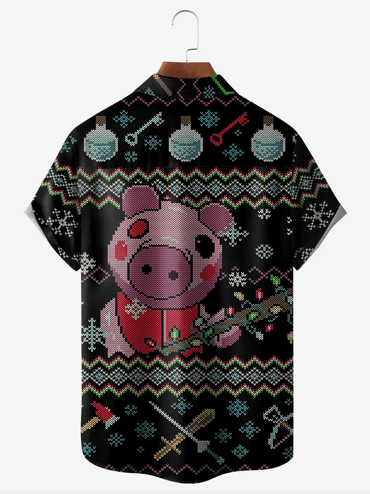 Christmas Funny Pig Chest Pocket Short Sleeve Hawaiian Shirt