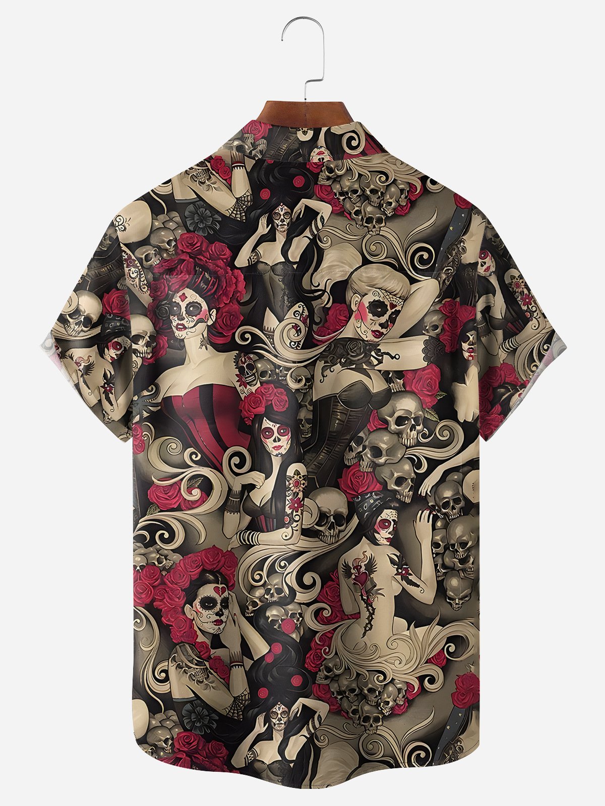 Day of the Dead Skull Girls Chest Pocket Short Sleeve Casual Shirt