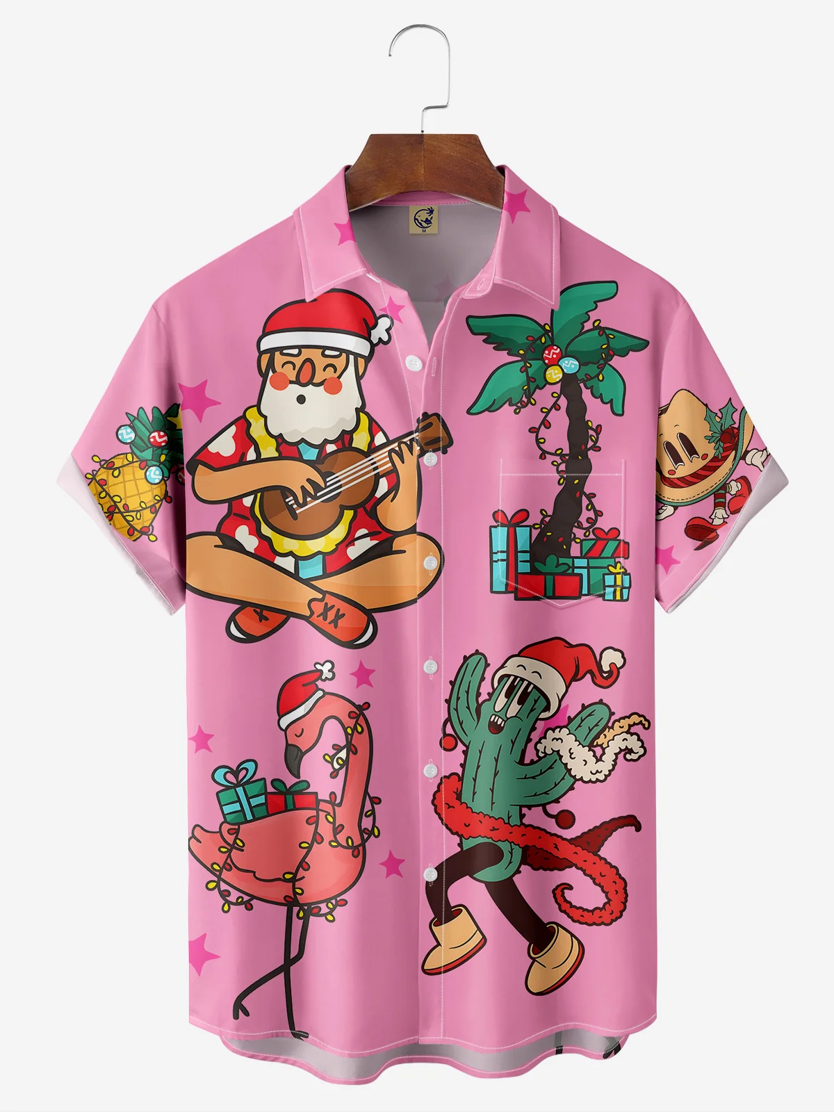 Fun Musical Santa Chest Pocket Short Sleeve Hawaiian Shirt