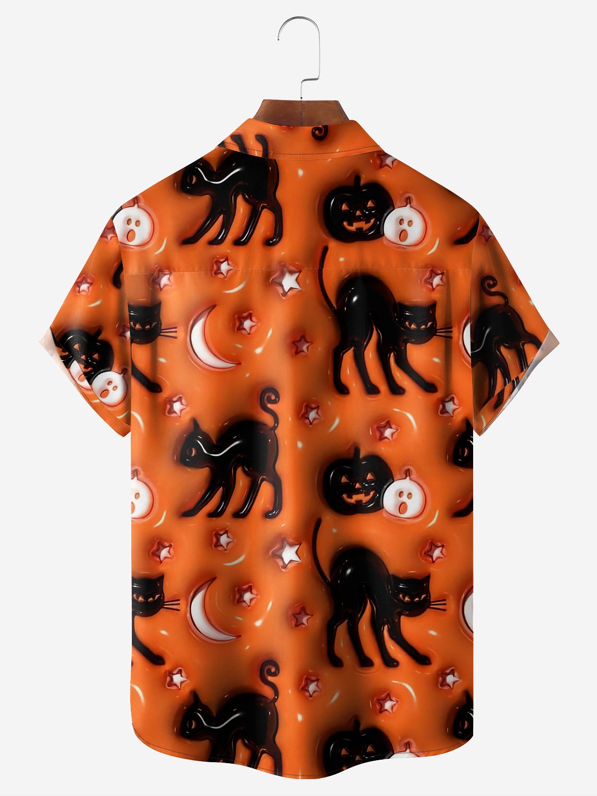 Halloween Pumpkin Cat Chest Pocket Short Sleeve Shirt