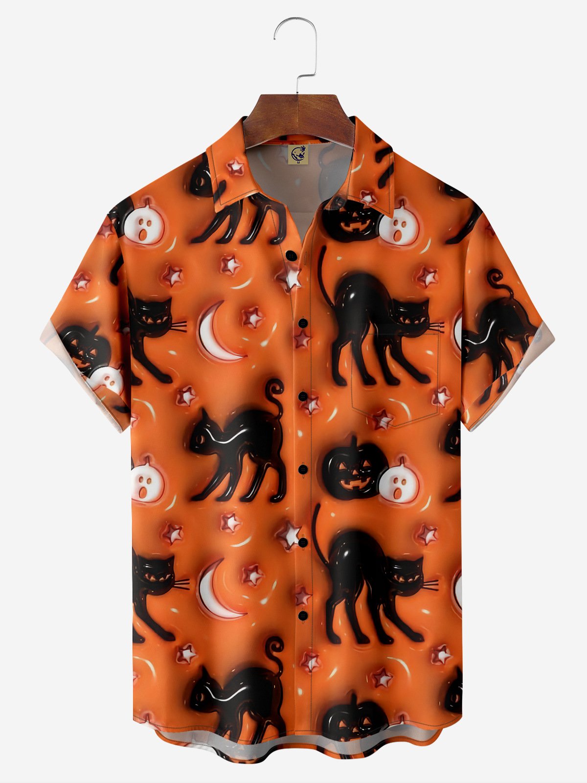 Halloween Pumpkin Cat Chest Pocket Short Sleeve Shirt