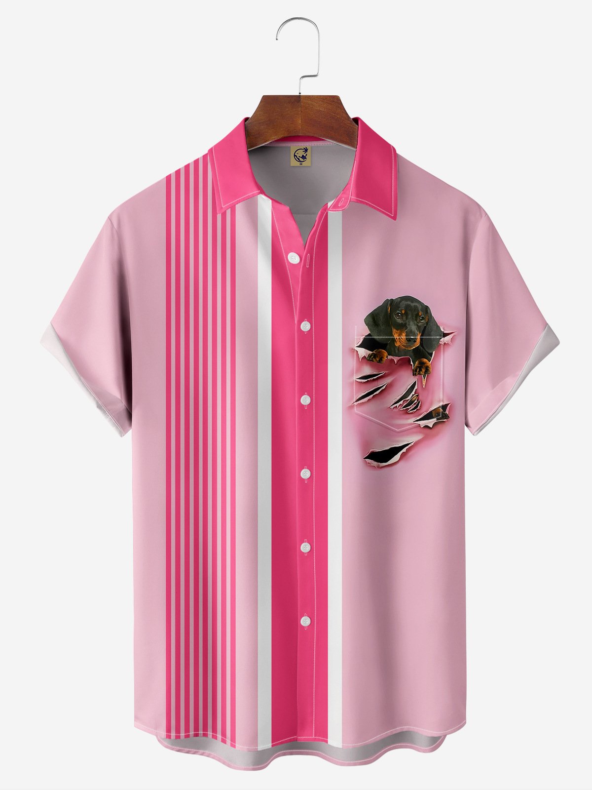 Funny Dog Chest Pocket Short Sleeve Bowling Shirt