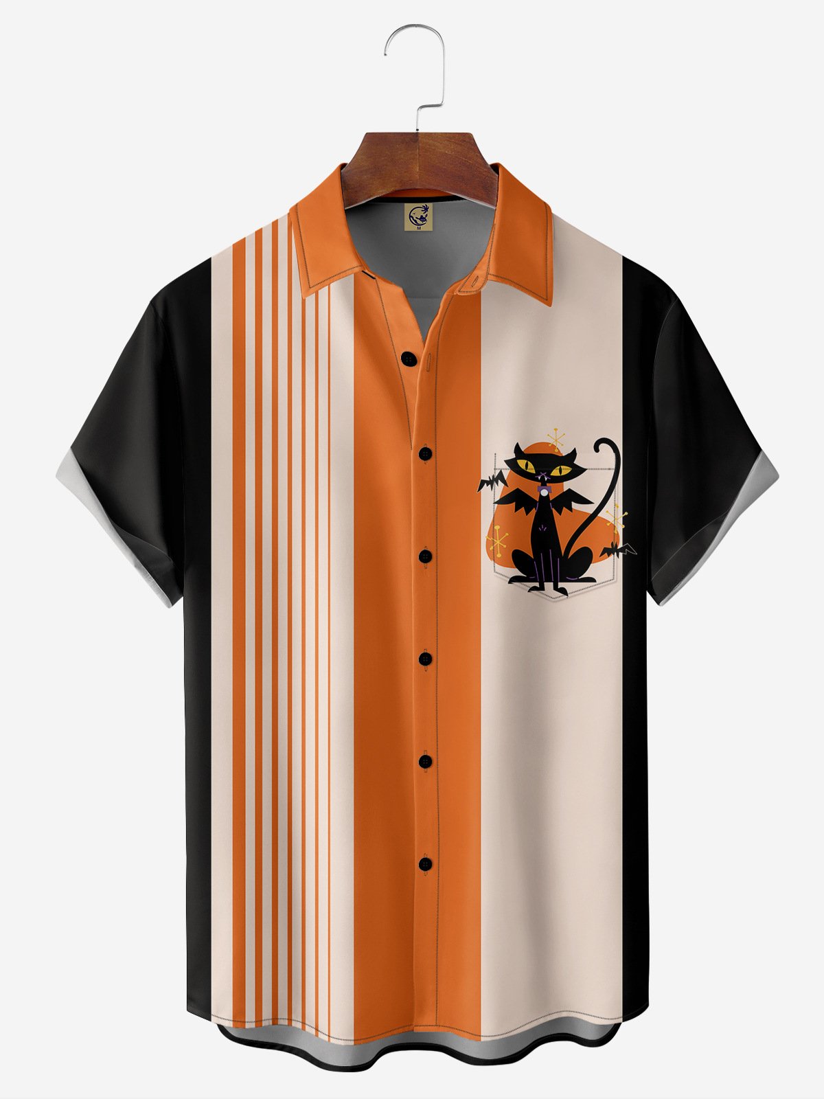 Halloween Black Cat Chest Pocket Short Sleeve Bowling Shirt