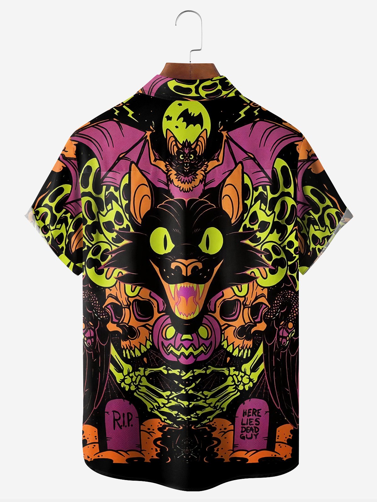 Halloween Cat Chest Pocket Short Sleeve Casual Shirt