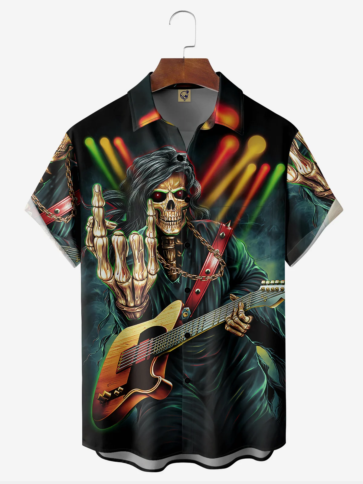 Skull Guitar Chest Pocket Short Sleeve Casual Shirt