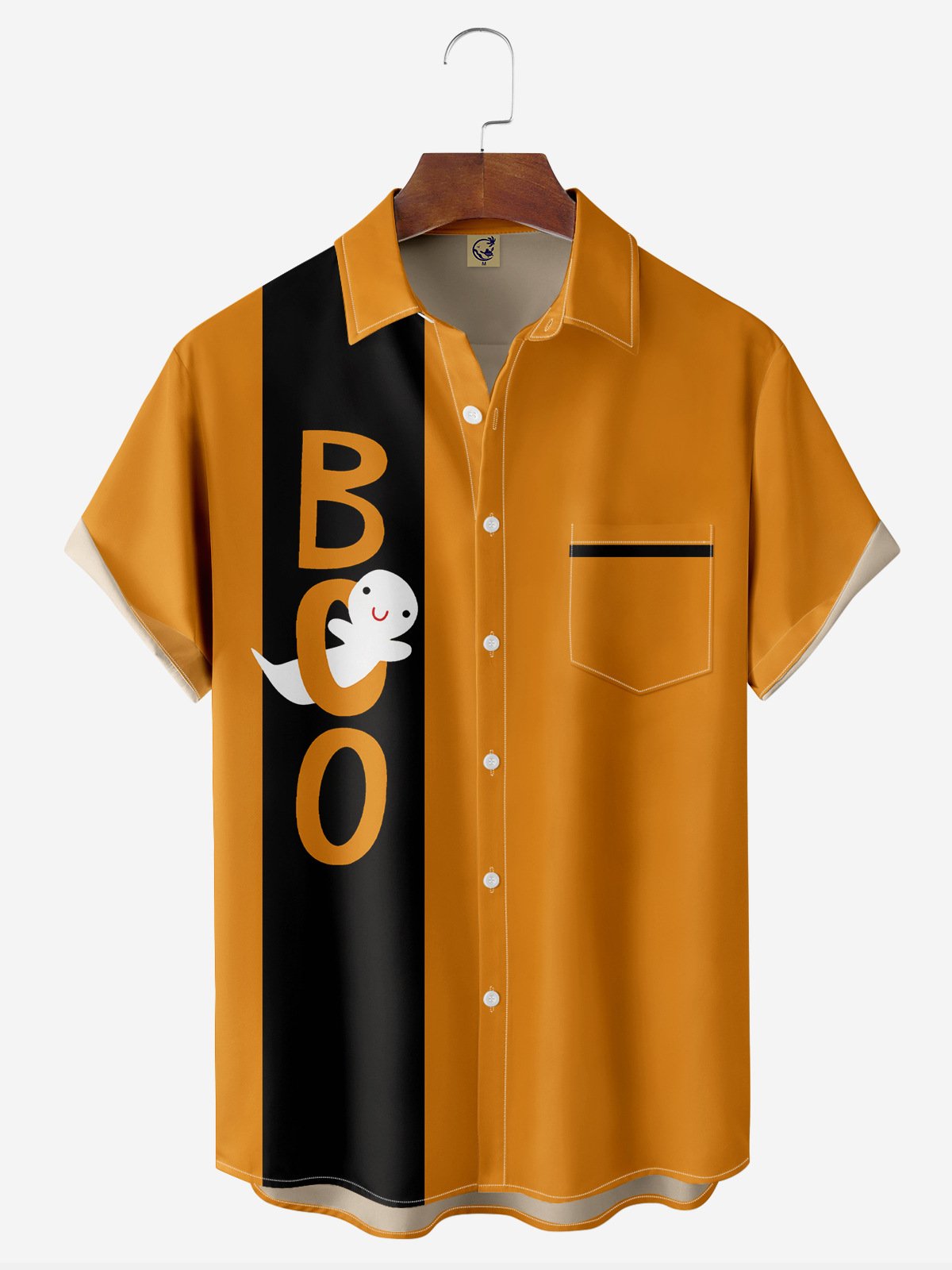 Halloween Ghost Chest Pocket Short Sleeve Bowling Shirt