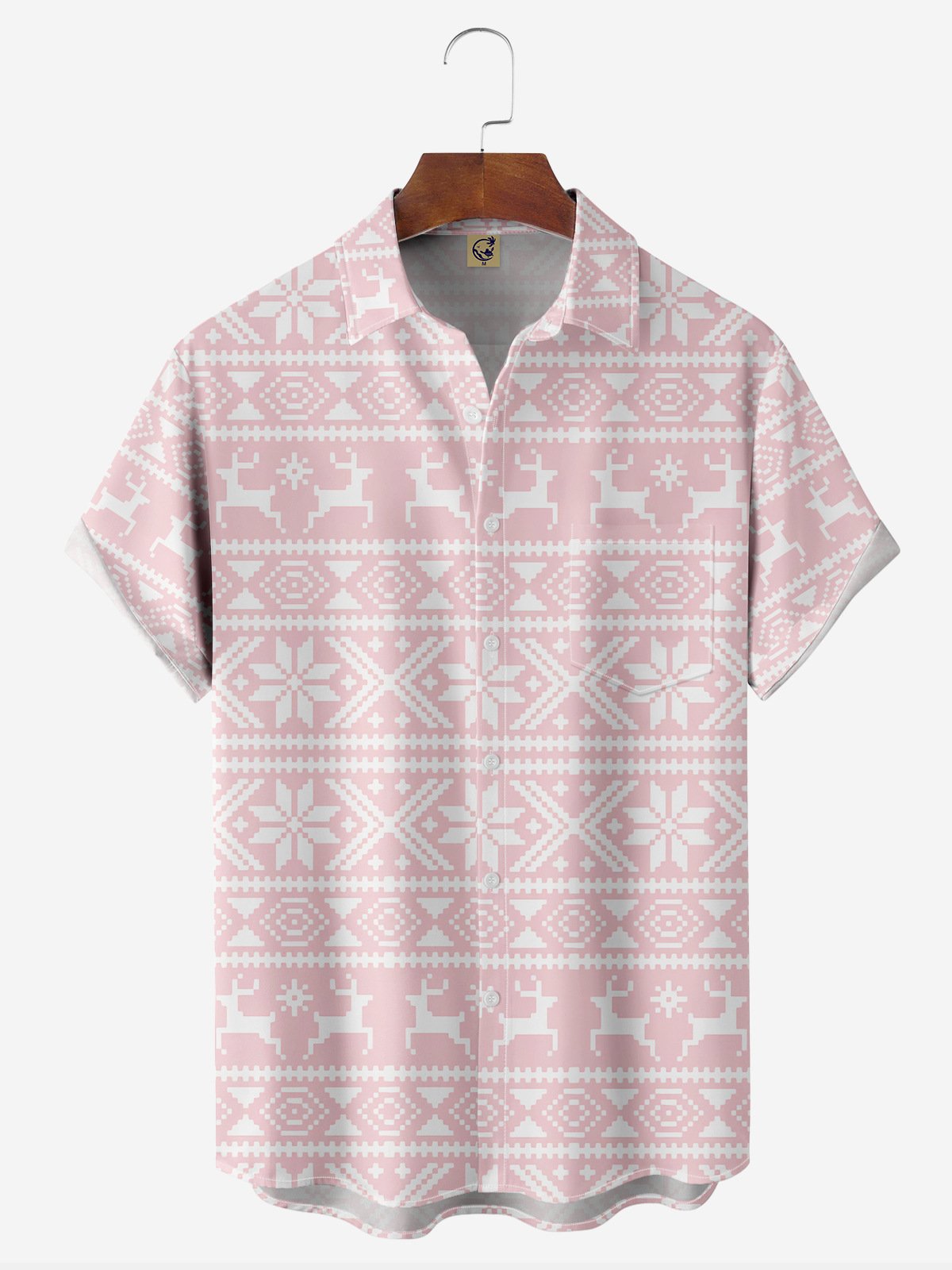 Christmas Fair Isle Chest Pocket Short Sleeve Casual Shirt