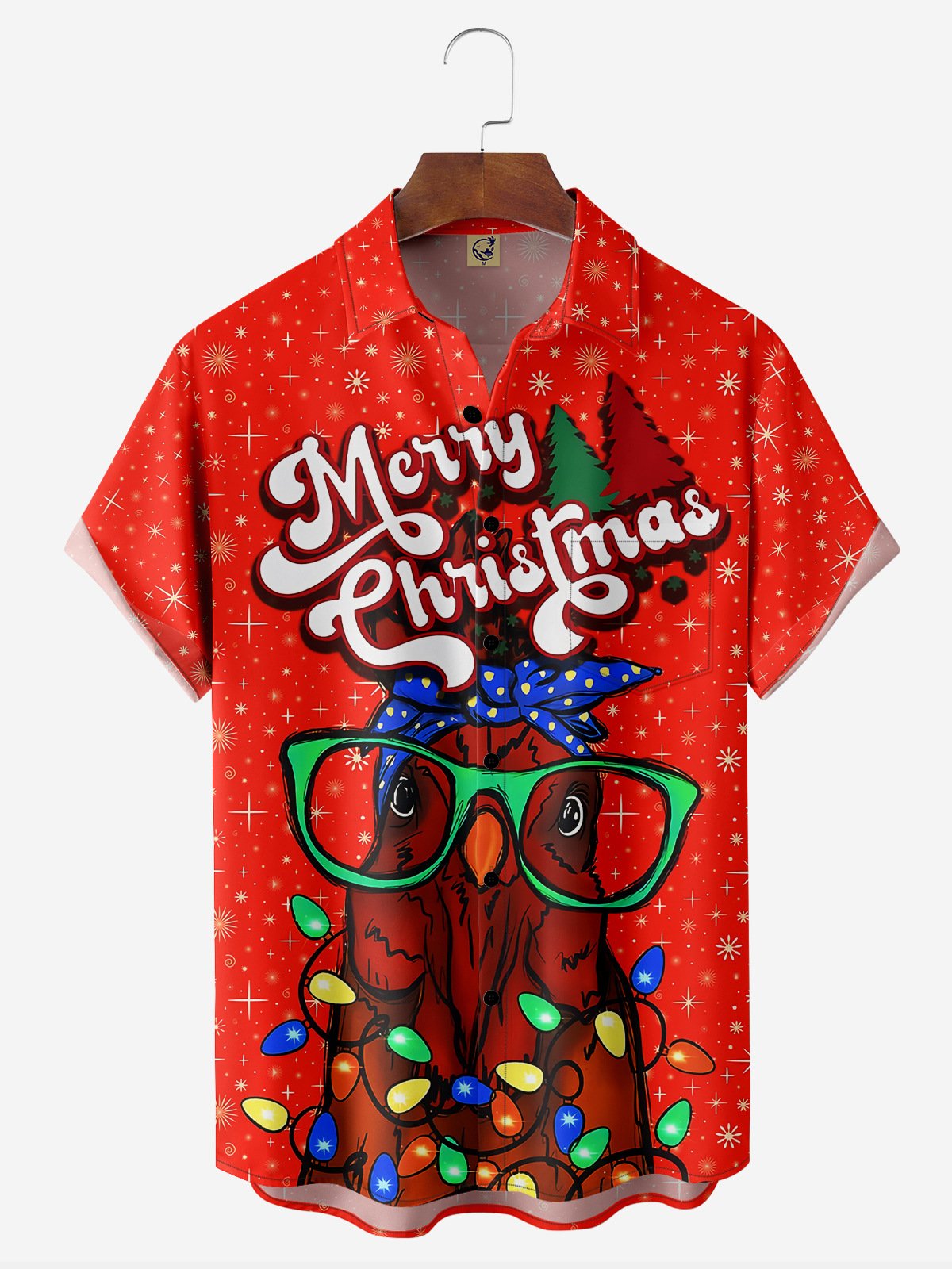 Christmas Rooster Chest Pocket Short Sleeve Casual Shirt