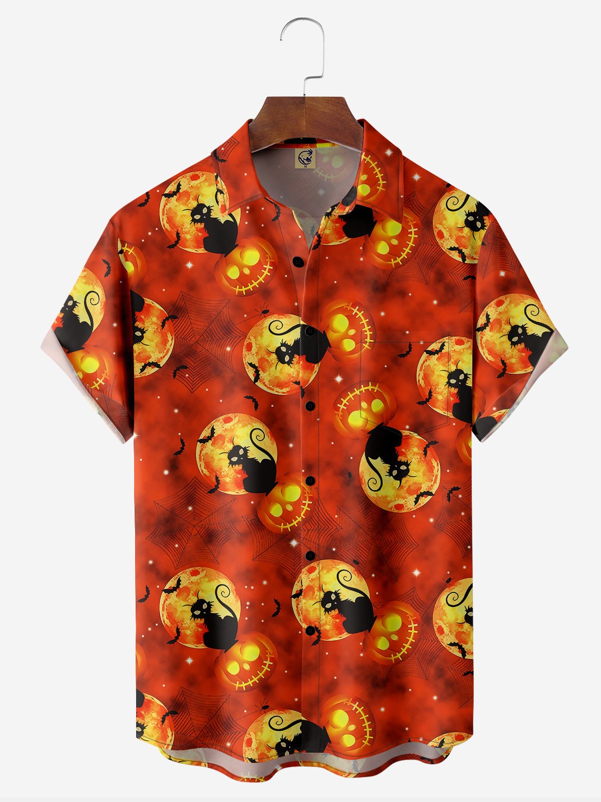 Halloween Black Cat Chest Pocket Short Sleeve Casual Shirt