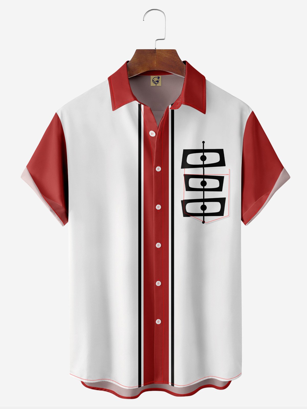 Geometric Pattern Chest Pocket Short Sleeve Bowling Shirt