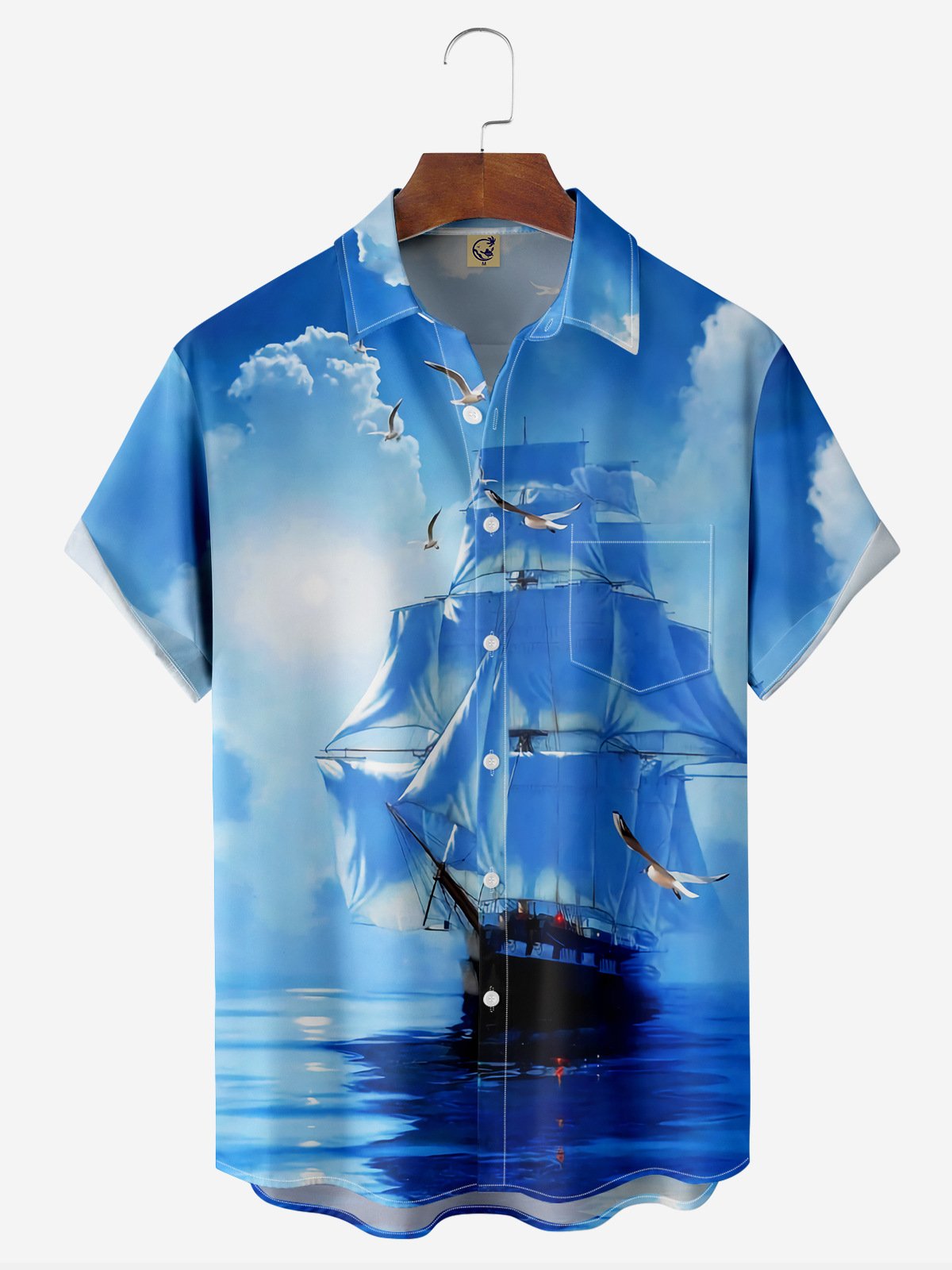 Sailing Boat Chest Pocket Short Sleeve Hawaiian Shirt