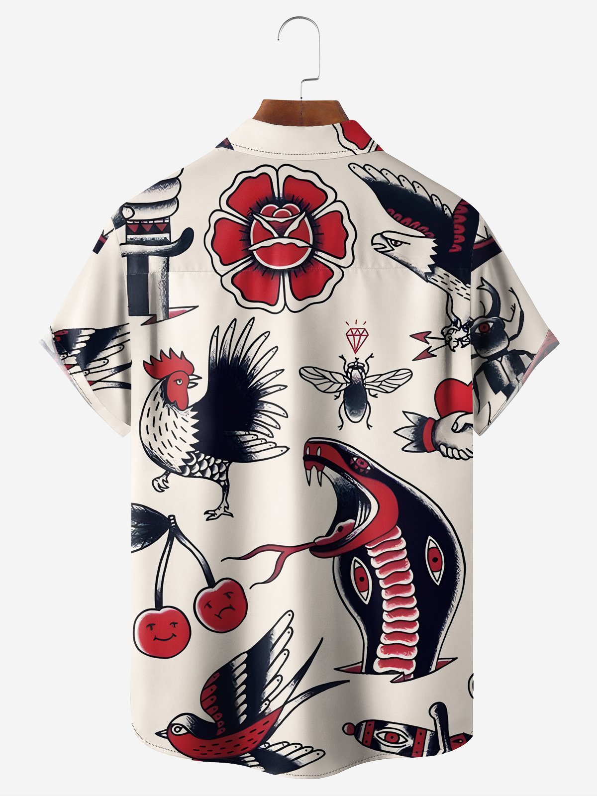 Tattoo Style Rooster Snake Chest Pocket Short Sleeve Hawaiian Shirt