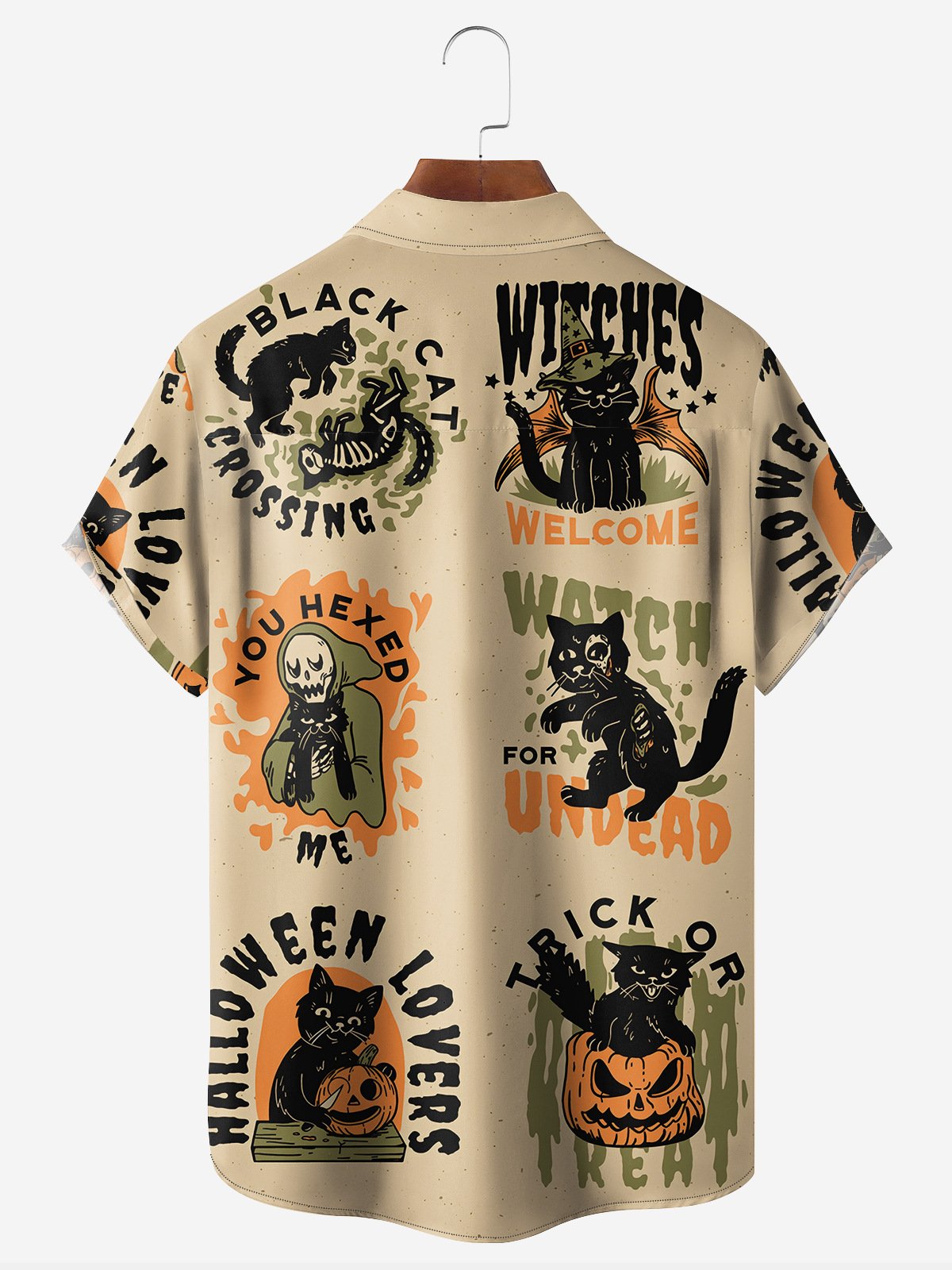 Halloween Cat Chest Pocket Short Sleeve Casual Shirt