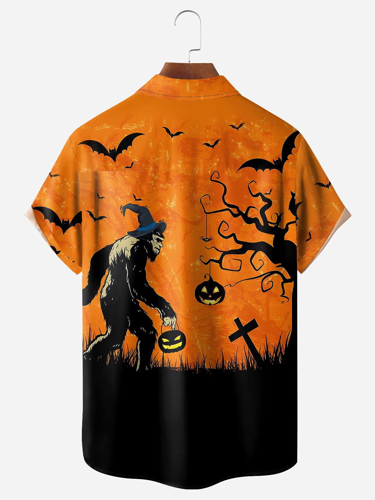 Halloween Pumpkin Bat Chest Pocket Short Sleeve Hawaiian Shirt