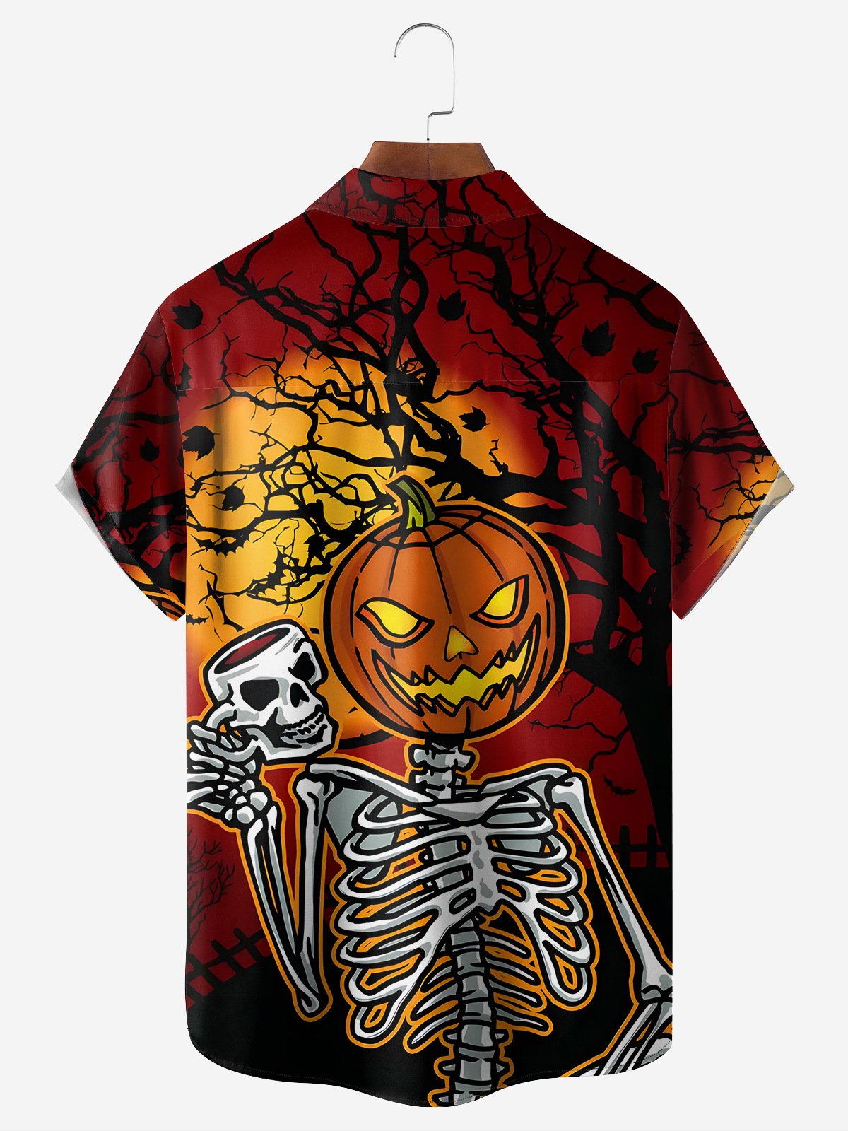 Halloween Skull Pumpkin Chest Pocket Short Sleeve Hawaiian Shirt